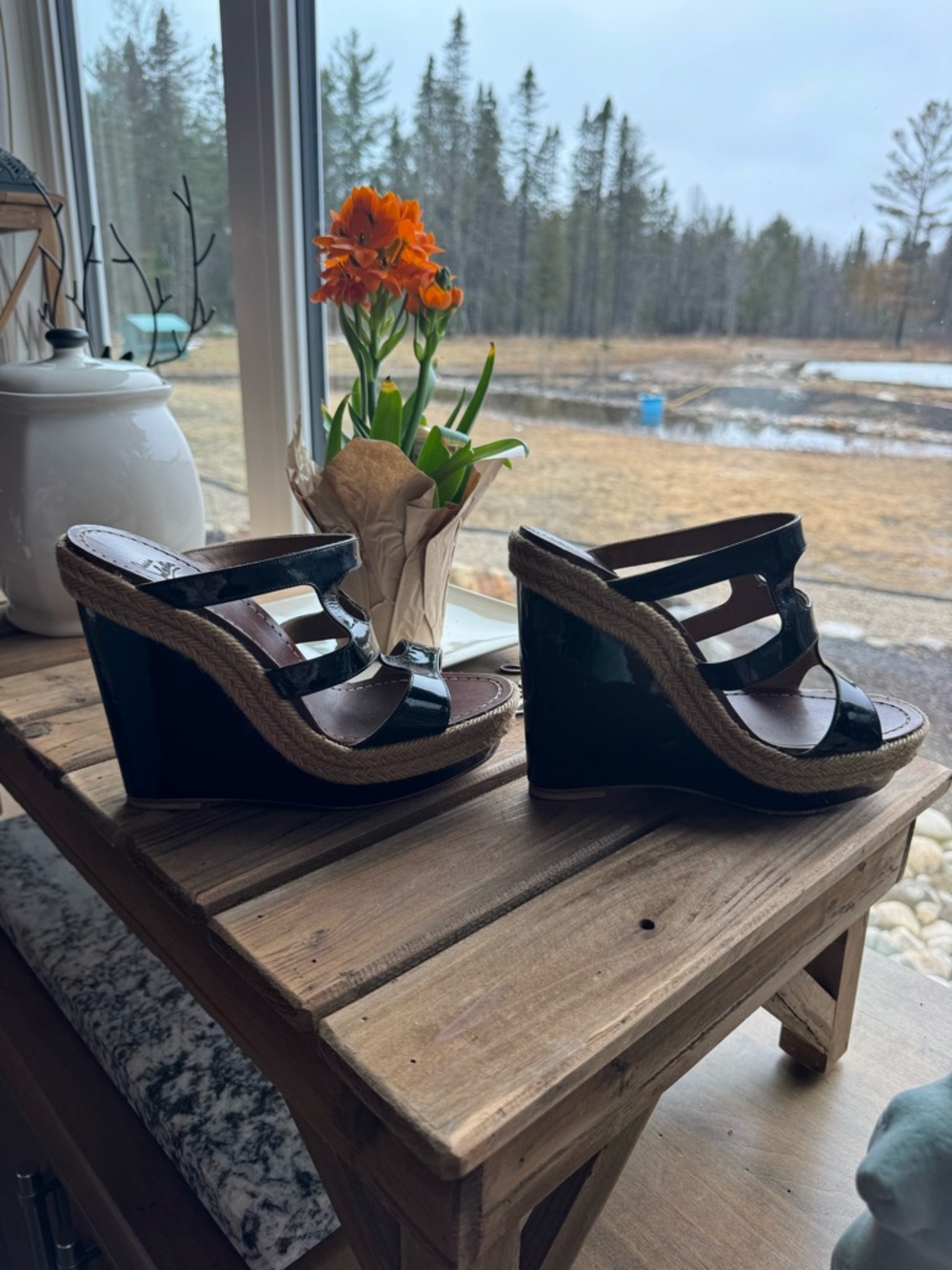 Christian Louboutin Black Patent Wedge Sandals with Rope Trim - Women